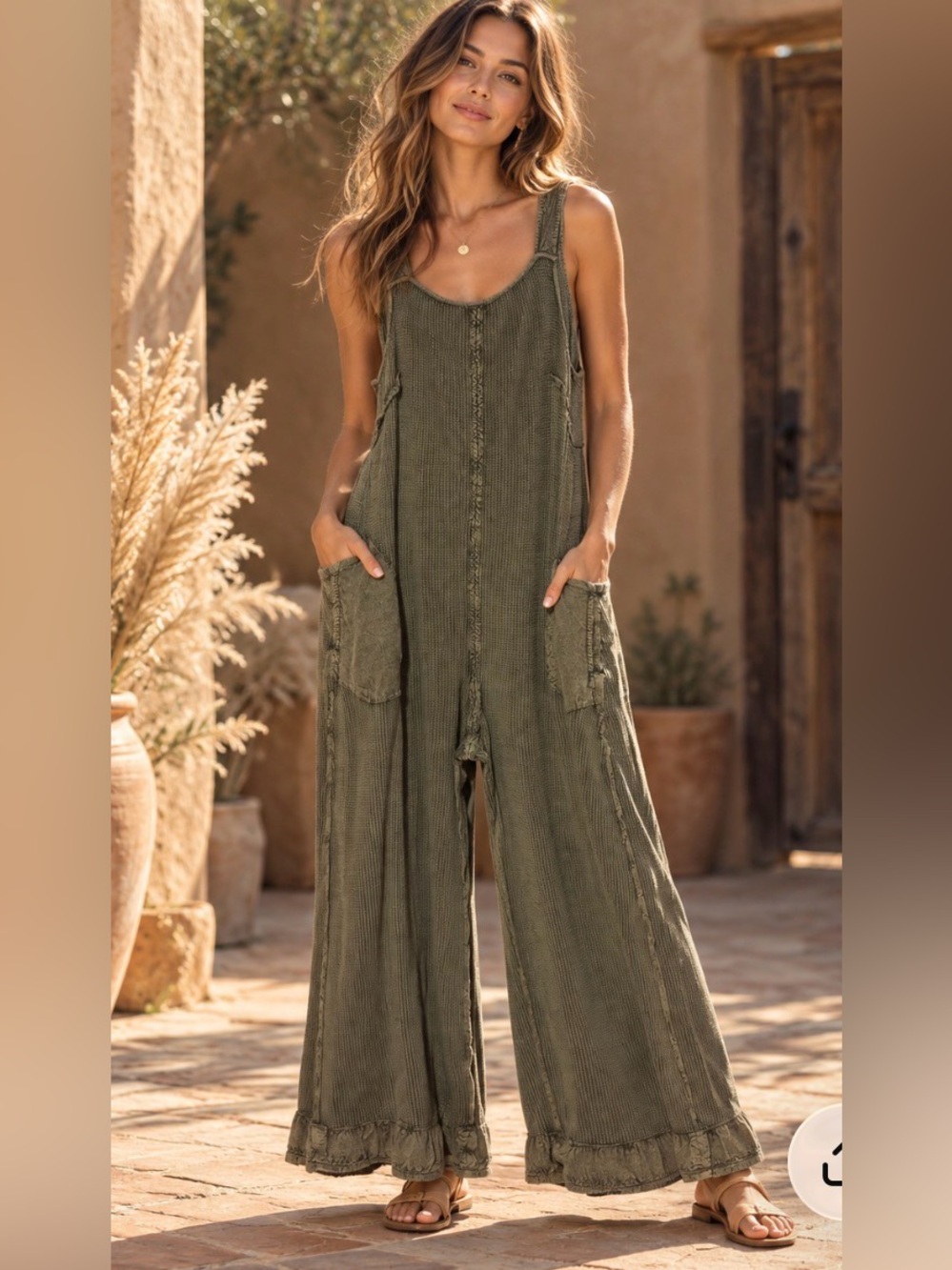 Free people boho wide leg Women's Green  One Callie One-piece sz Lage